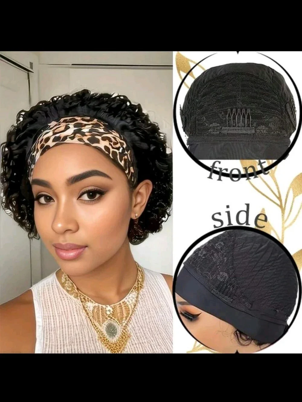 Black Wide Headband Wig Cap with Short Curly Hair